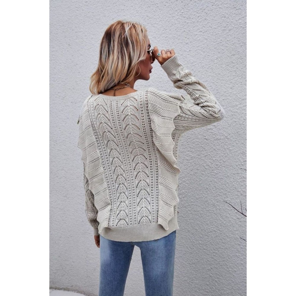 Openwork Round Neck Ruffled Sweater - Picture 16 of 16